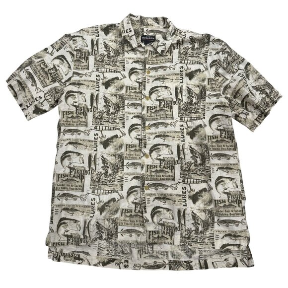 Woolrich Mens Light Olive Fish Signs AllOver Print Linen/Cotton ButtonUp Shirt L - Picture 1 of 8